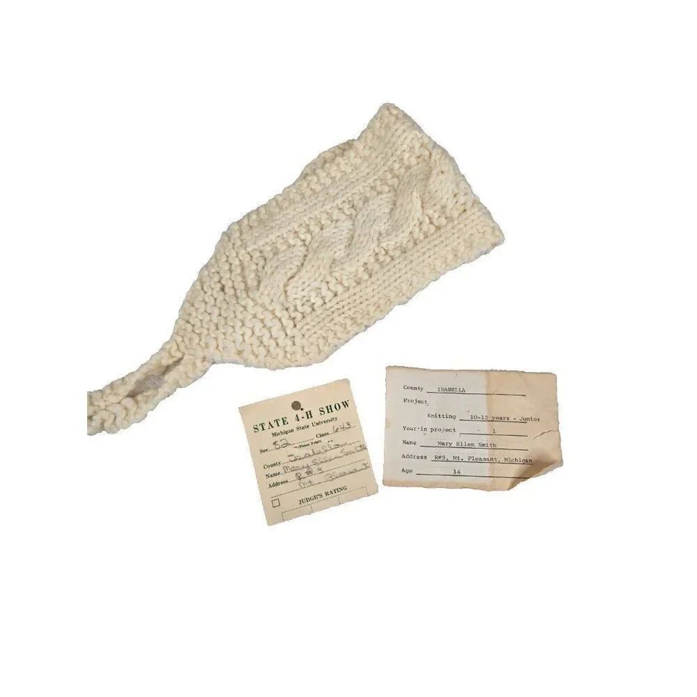 Vintage 1940s 4H Entry Michigan Womens Knit Hat Muff Off White